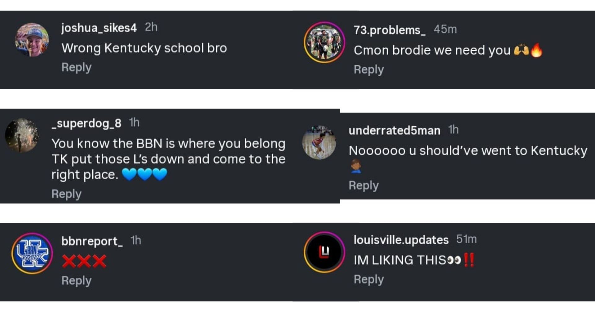 Kentucky and Louisville fans comment on Taylen Kinney's post